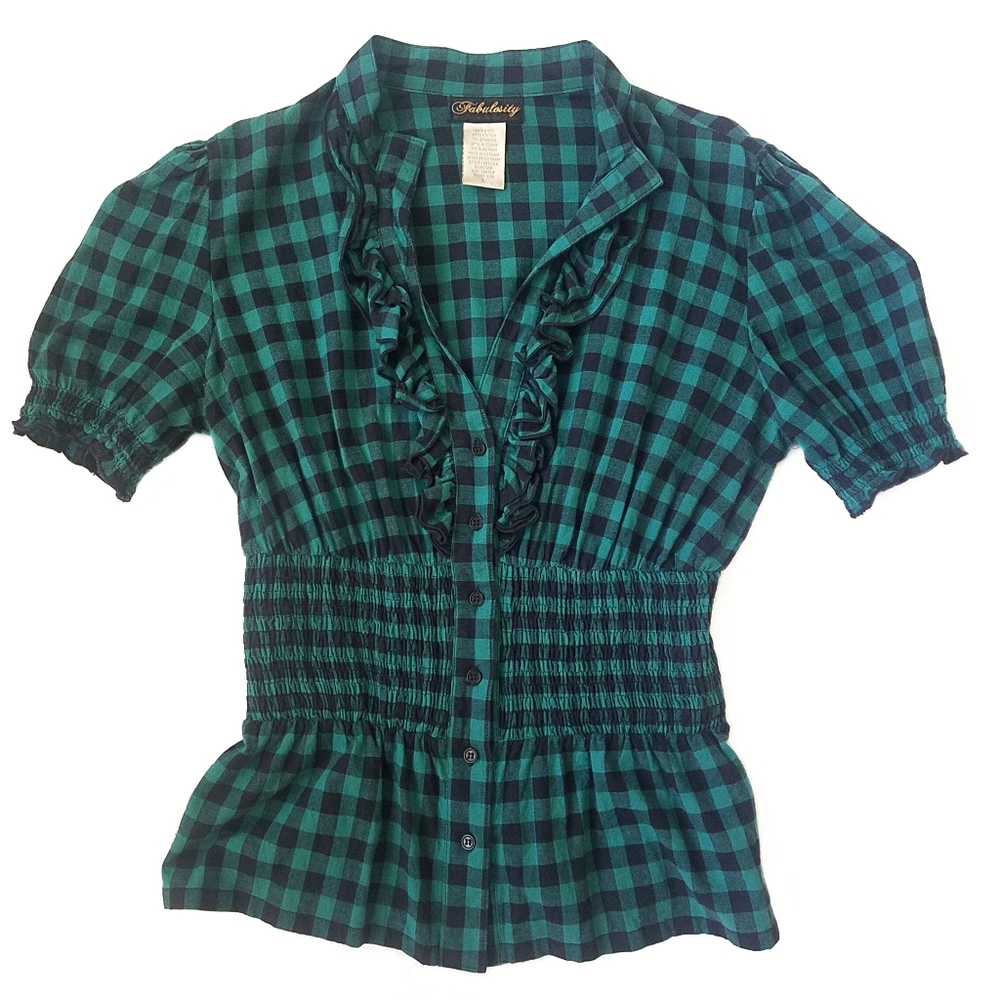 Teal Plaid Short Sleeve Blouse